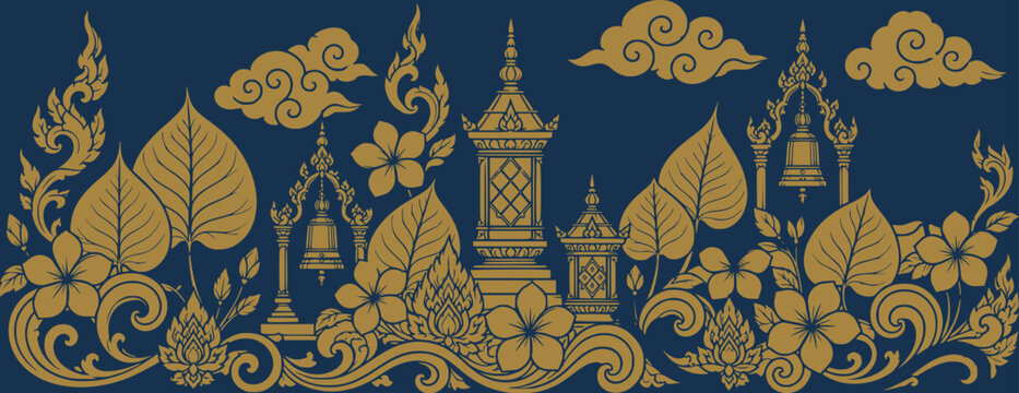 Traditional Thai ornamental border in gold on dark blue with stylized floral, foliage, cloud and architectural motifs