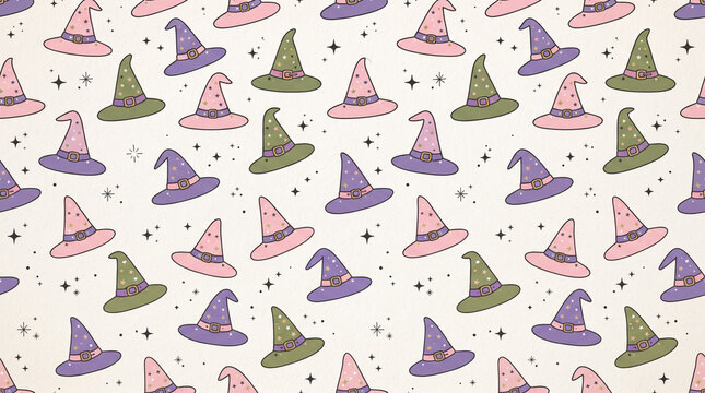 Seamless pattern with cute witch hats, stars, and sparkles in pastel colors, perfect for halloween wrapping paper, fabric, and festive holiday decorations