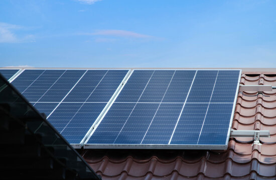Photovoltaic solar power panel on blue sky ,green clean alternative energy. environmentally friendly. Clean energy and environment. 3D rendering