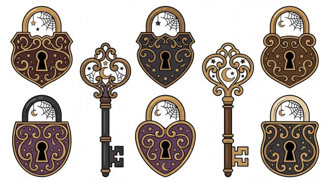 Magical lock and key set containing ornate padlocks. Featuring vintage key crescent moon star and spider web motifs. Decorative vector illustration elements for Halloween and fantasy projects