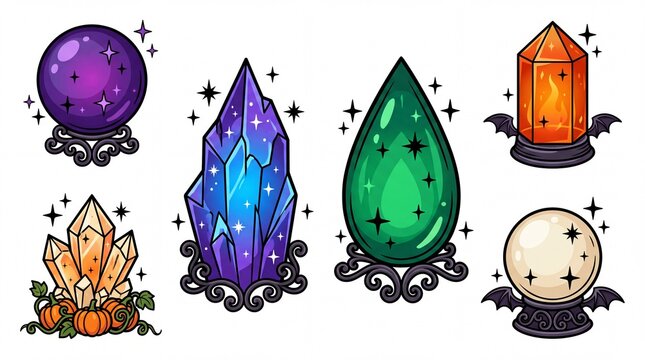 Magical crystal and gemstone vector icon set containing purple sphere blue cluster green teardrop orange pillar quartz cluster with pumpkins and white orb with bats for mystical projects