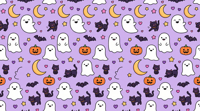 Cute halloween seamless pattern with ghost, cat, pumpkin, moon and stars on purple background