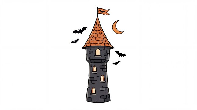 Spooky Halloween castle tower vector illustration featuring stone walls. Orange tile roof. Crescent moon. Flying bats and flag. Spooky castle graphic element for seasonal party invitations
