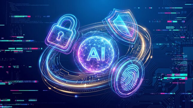 Artificial Intelligence Security Shield with Padlock and Fingerprint Scan for Data Protection