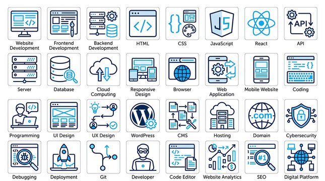 Set of 32 modern web development technology icons featuring programming languages and frameworks in clean flat design
