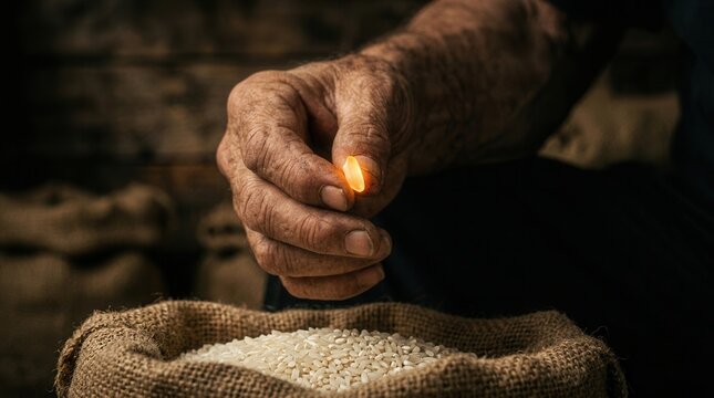 An elderly farmer holding a single rice grain representing a global economic shift.