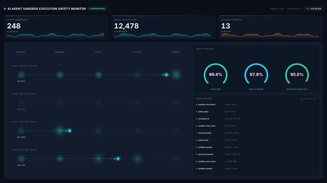 Dashboard for real time monitoring ai agent execution safety metrics, for system security, data analysis, operational status, automated performance control