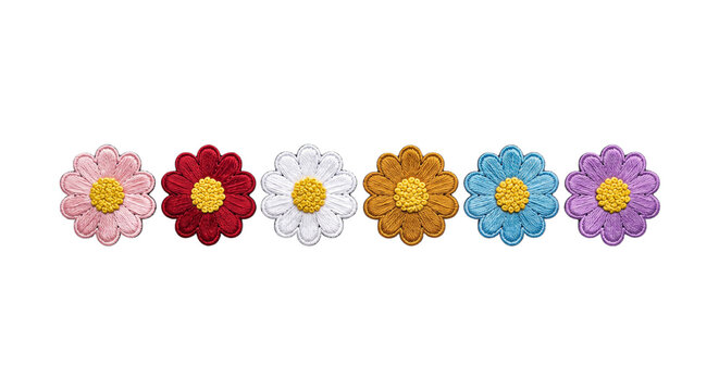 Colorful embroidered daisy flower patches arranged in a row on transparent background