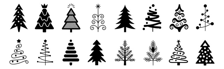 Collection of sixteen stylized black and white christmas trees with varied patterns and © MOHAMMADTORIQUL