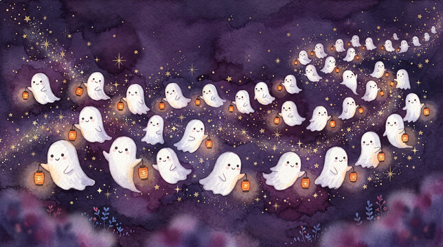 A whimsical watercolor illustration of friendly ghosts carrying glowing lanterns through a starry night sky with purple clouds