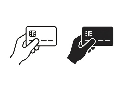 Hand holding a credit card icon set in outline and solid black styles for financial interface