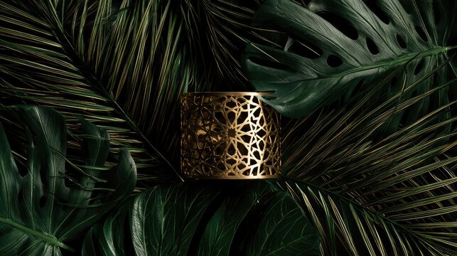 a tropical setting with palm leaves in focus against a backdrop of what appears to be a decorative item resembling a candle or a lamp, placed centrally within the foliage