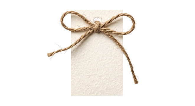 Textured paper gift tag tied with jute twine on transparent background