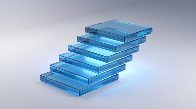 A stack of blue glass panels arranged in a modern staircase design for abstract business concepts and architectural illustrations