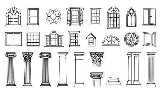 Architectural Windows and Classical Columns Vector Line Art Set