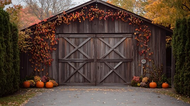 A rustic farm gate with colorful autumn vines wrappe