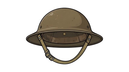 Obraz premium Vector illustration of a classic olive green military helmet with a chin strap, featuring a retro design suitable for history or army themes