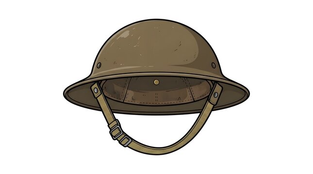 Vector illustration of a classic olive green military helmet with a chin strap, featuring a retro design suitable for history or army themes