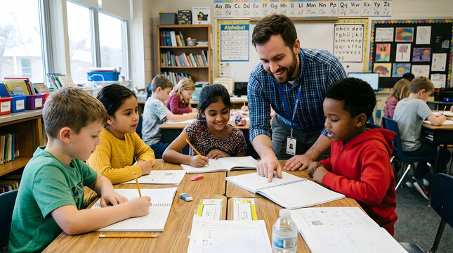 Teacher helping diverse elementary school students with their writing exercises at a wooden desk inside a brightly lit modern classroom setting with educational posters displayed on the back wall
