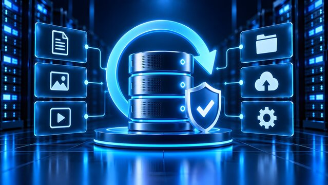 Secure server backup and multimedia data synchronization concept with glowing shield and refresh arrow