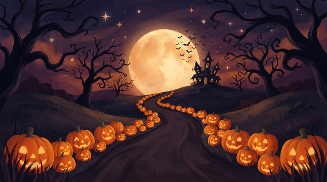 Spooky halloween night background with glowing jack o lanterns lining a winding path toward a haunted house under a full moon