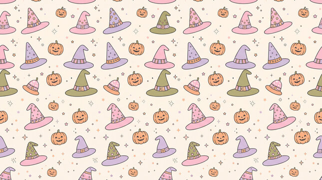 Cute seamless pattern with witch hats and pumpkins on beige background