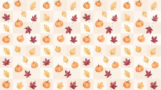 Seamless autumn pattern featuring watercolor pumpkins and various fall leaves on a subtle checkered background, perfect for seasonal designs.