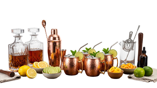 Professional copper barware set with moscow mule mugs, elegant glass decanters for whiskey, cocktail shaker and fresh citrus ingredients isolated PNG with Transparent Background
