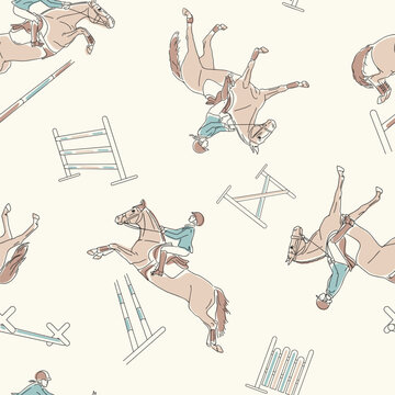 Seamless equestrian pattern with riders jumping horses over show jumping obstacles