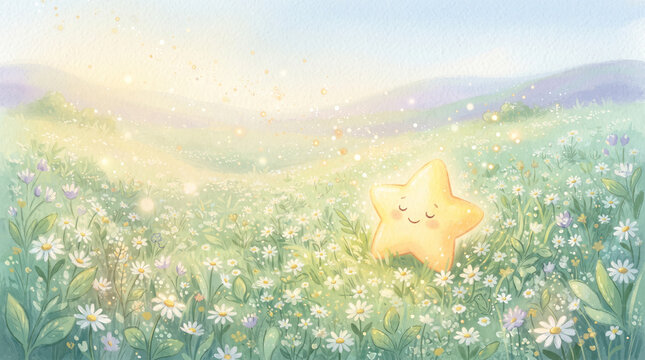 A cute, smiling yellow star character resting peacefully in a field of white daisy flowers under a soft, dreamy sky with sparkling light.