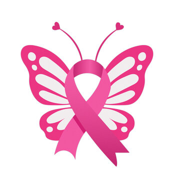 Breast Cancer Awareness PNG Graphic Featuring Pink Ribbon and Butterfly Wings with Heart Antennae on Transparent Background