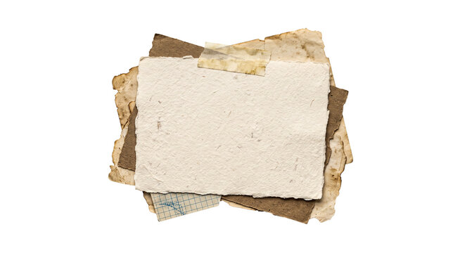 Stack of old vintage textured papers pinned on transparent background