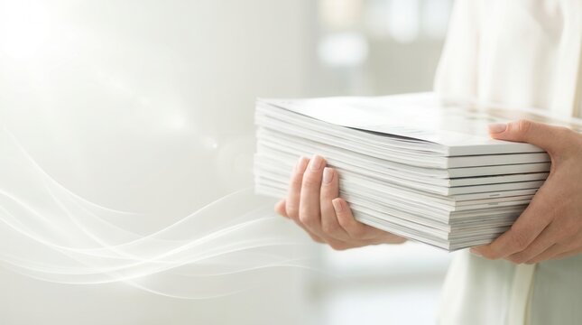 Female hands holding a stack of magazines in a panoramic banner style.
