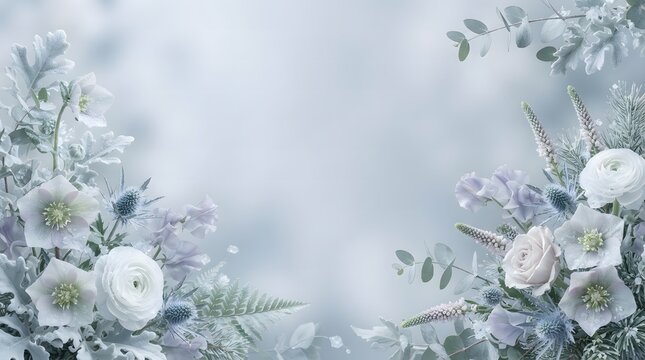 Winter wedding floral border with white rose ranunculus blue thistle and eucalyptus on frosty background with copy space.