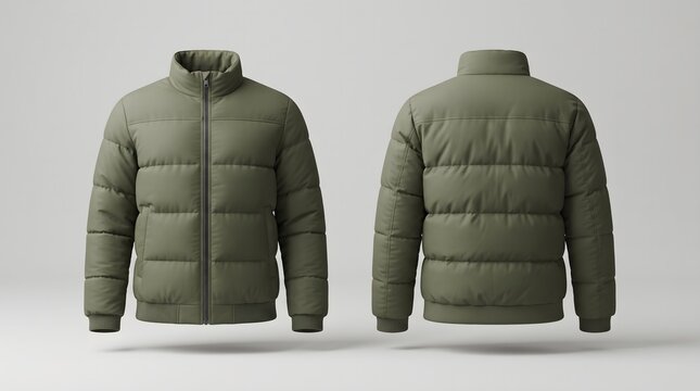 Olive green puffer jacket mockup front and back view with stand collar isolated on gray background for winter clothing template and apparel design.