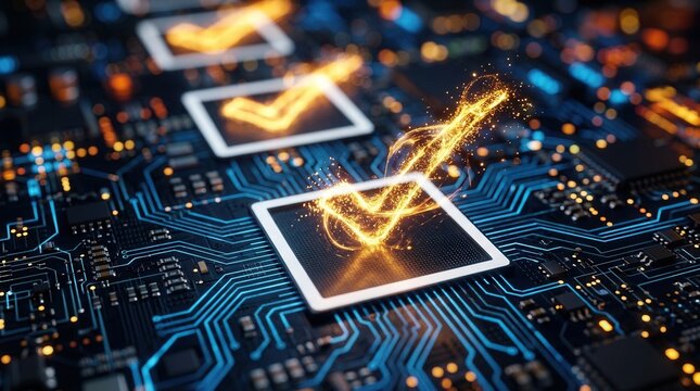 Glowing check marks illuminate a digital circuit board for accuracy and validation.
