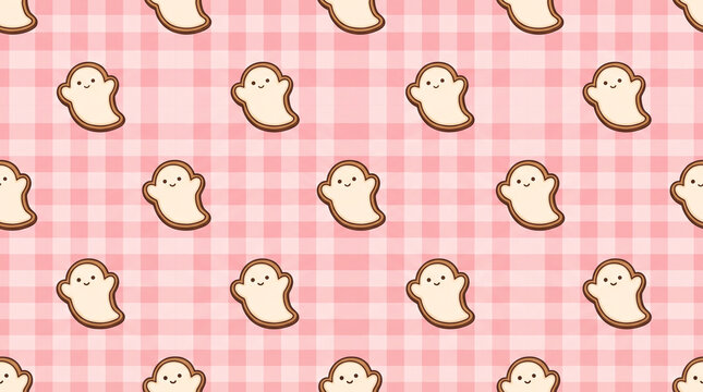Seamless pattern with cute cartoon ghosts on pink checkered background