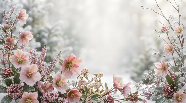 Pink hellebore and heather winter floral border on snow with soft bokeh light and copy space.