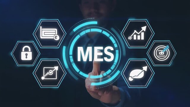 Businessman's hand interacts with glowing MES digital interface in futuristic dark background with data icons