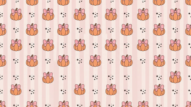 Seamless pattern with cute orange pumpkins with pink polka dot bows and small stars on a light pink striped background