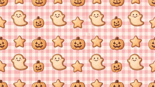 Cute halloween cookies seamless pattern with smiling ghosts, jackolanterns, and stars on a pink gingham background