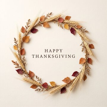 Autumn wreath made of wheat ears and colorful fall leaves isolated on white background