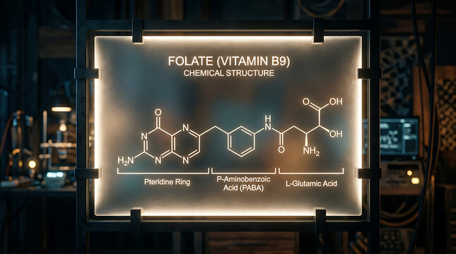 Neon illuminated chemical structure of folate vitamin B9 on a laboratory display board