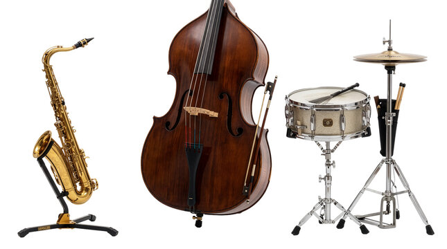 Professional jazz musical instruments set, golden brass saxophone on stand, wooden double bass with bow, snare drum and hi-hat cymbal kit isolated PNG with Transparent Background