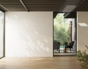 Obraz premium Blank wall mockup empty room interior modern minimalist architecture patio view sunlight shadow