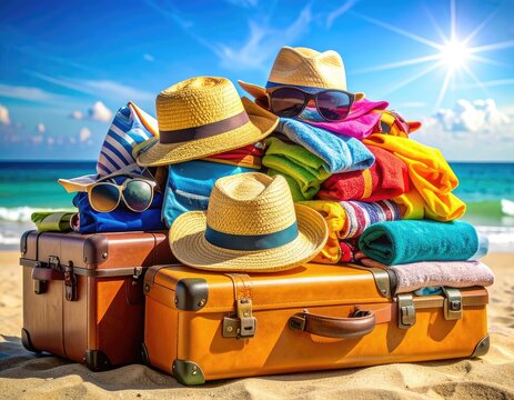 A stack of travel items is piled on suitcases on a sandy beach with the ocean and sun in the background.