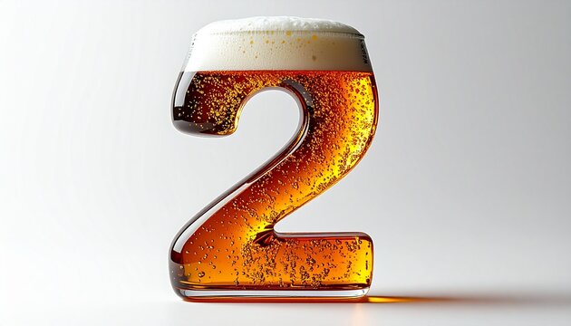 Beer Glass Shaped as Number 2 with Foam and Bubbles on White Background for Birthday and Anniversary Celebration