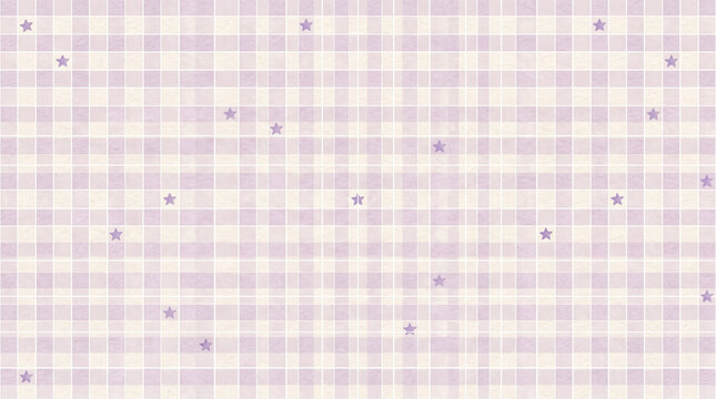 Cute purple plaid pattern background with scattered stars, pastel gingham textile design with cute star elements