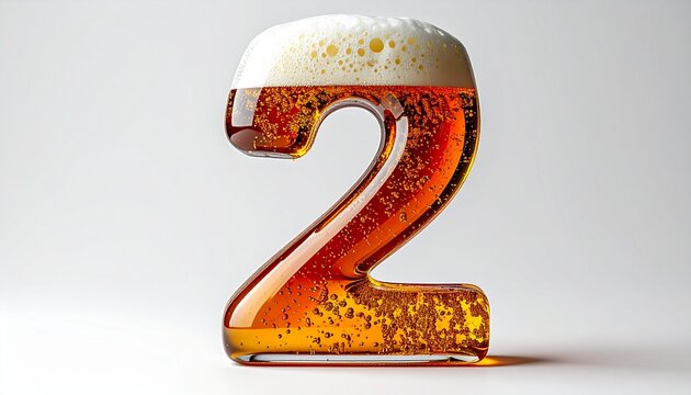 Beer Glass Shaped as Number 2 with Foam and Bubbles on White Background for Birthday and Anniversary Celebration