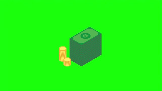Stack of cash money and gold coins isometric vector illustration isolated on green screen.   